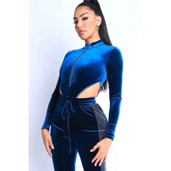 Women's Sexy Cute Velvet Bodysuit and Matching Jogger Pants 2 Piece Set S M L - Picture 4 of 14
